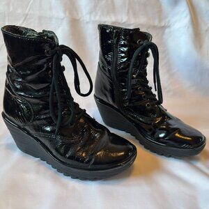 Fly London Black Patent Leather Lace Up/Side Zip Wedge Ankle Boots EU38=US7.5-8